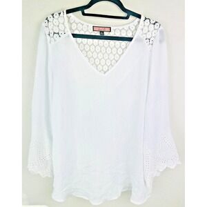 Olive Hill White Boho Lace Bell Sleeve Top Blouse XL V-Neck Crochet Trim